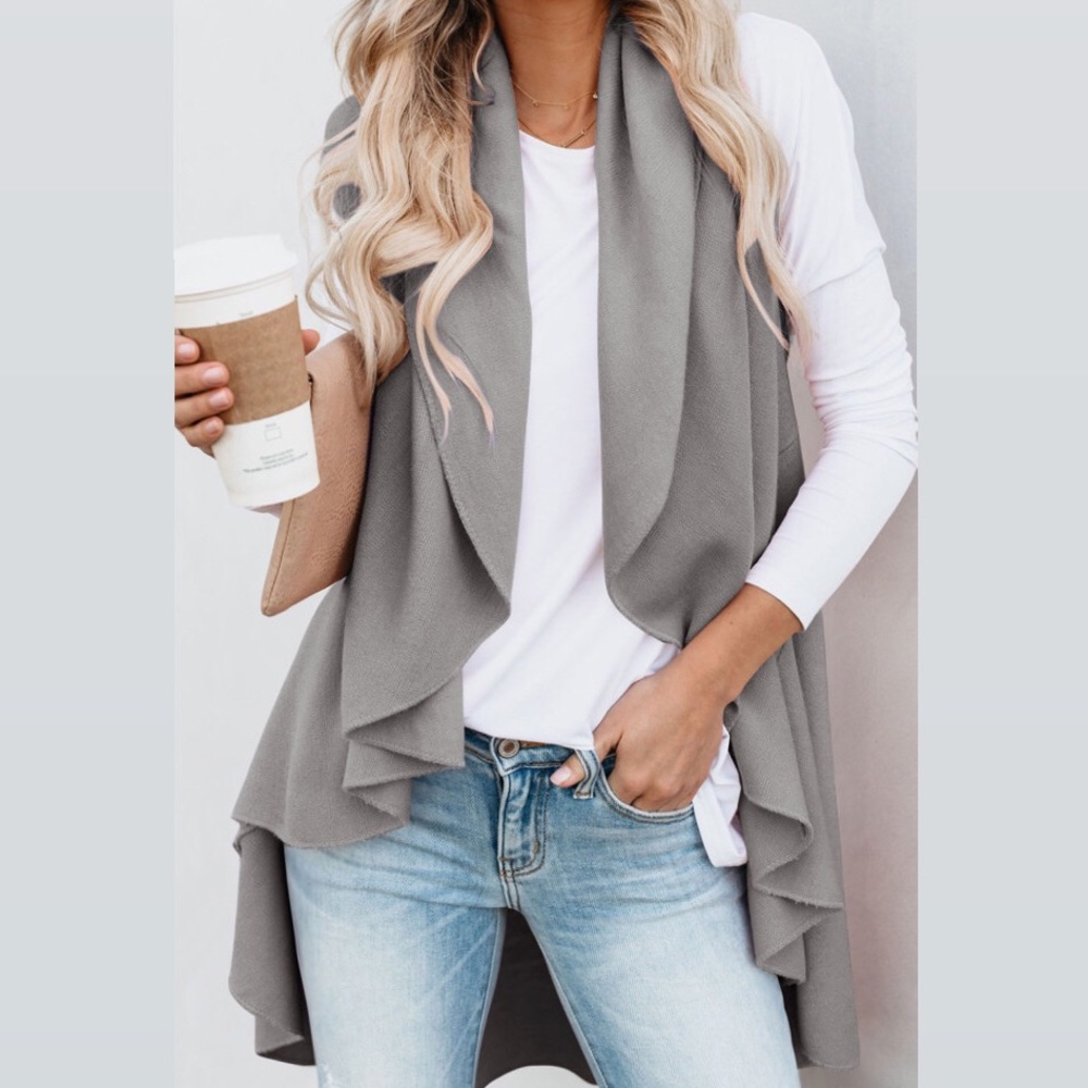 Gray Sleeveless Cascade Open Front Draped Cardigan
